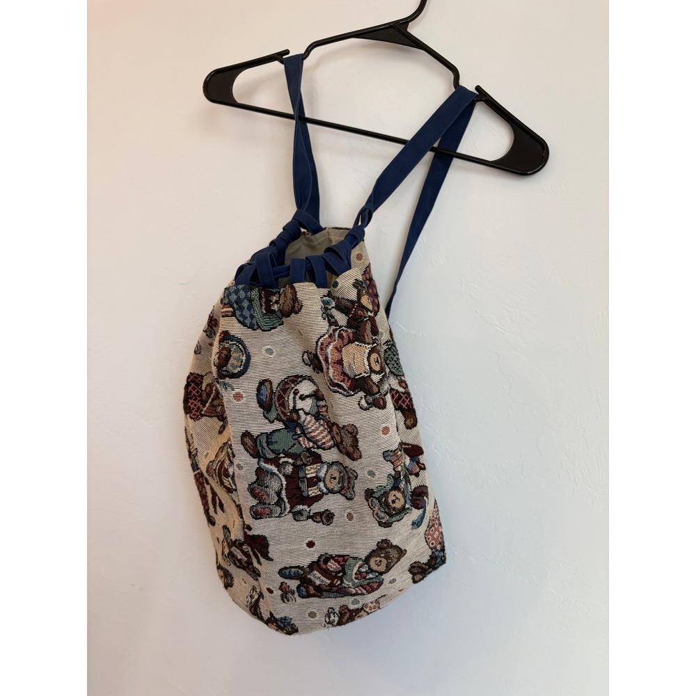 Vintage Tapestry Teddy Bear Drawstring Backpack Woven Novelty Bucket Bag Retro‎